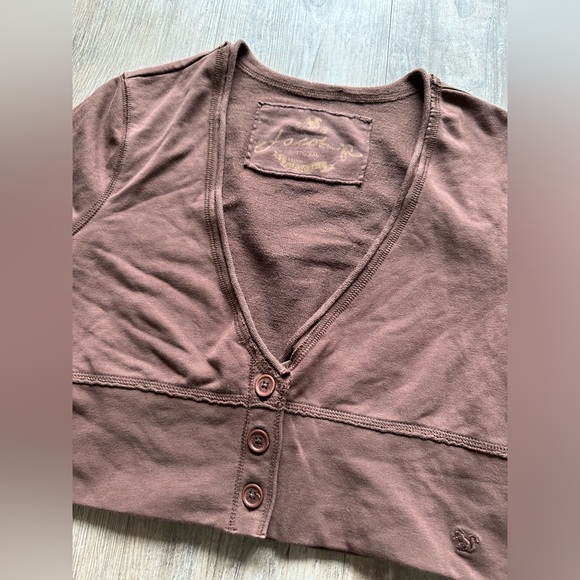 Brown long sleeve v neck open chest bottom down top - Picture 3 of 4